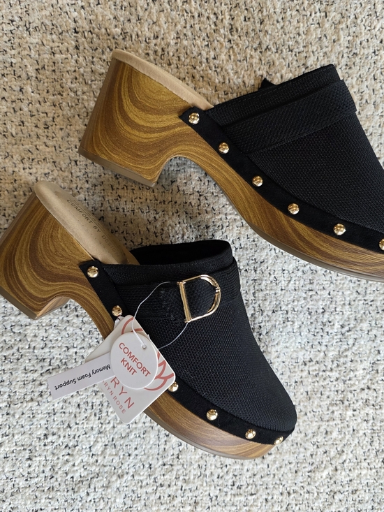 Taryn Rose Shoes - Taryn Rose Black Comfort Knit Clogs Size 8 Wood Look Heel Gold Studs NWT